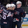 OSTRAVA, CZECH REPUBLIC - MAY 12: USA's Ben Smith #12 celebrates with Mark Arcobello #36 and Jimmy Vesey #19 after scoring Team USA's first goal of the game during preliminary round action at the 2015 IIHF Ice Hockey World Championship. (Photo by Richard Wolowicz/HHOF-IIHF Images)

